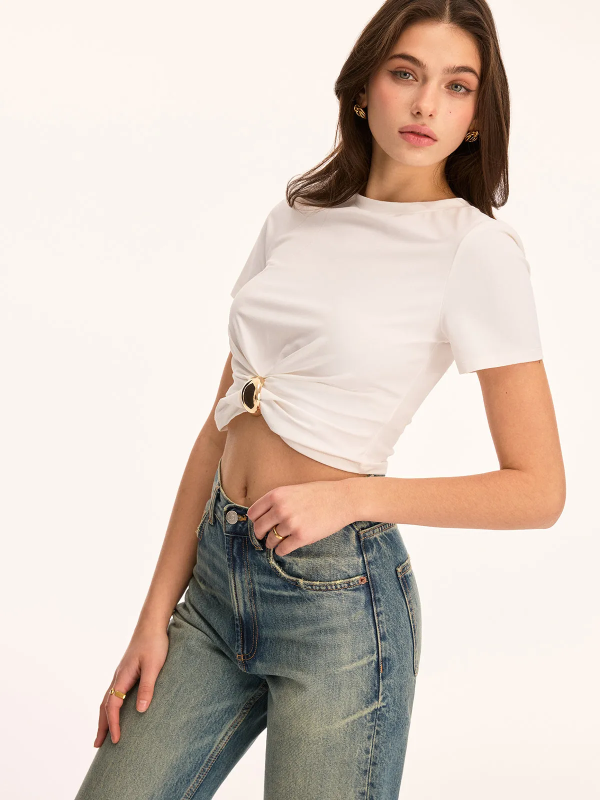 Metal Buckle Twist Front Crop Top sold by COMMENSE product image thumbnail 3