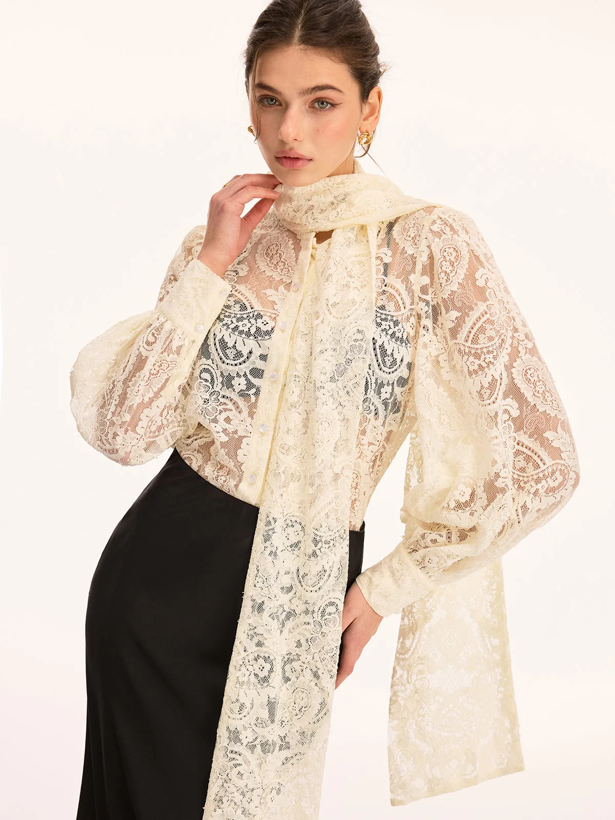Scarf Detai Sheer Lace Long Sleeve Blouse sold by COMMENSE product image thumbnail 3