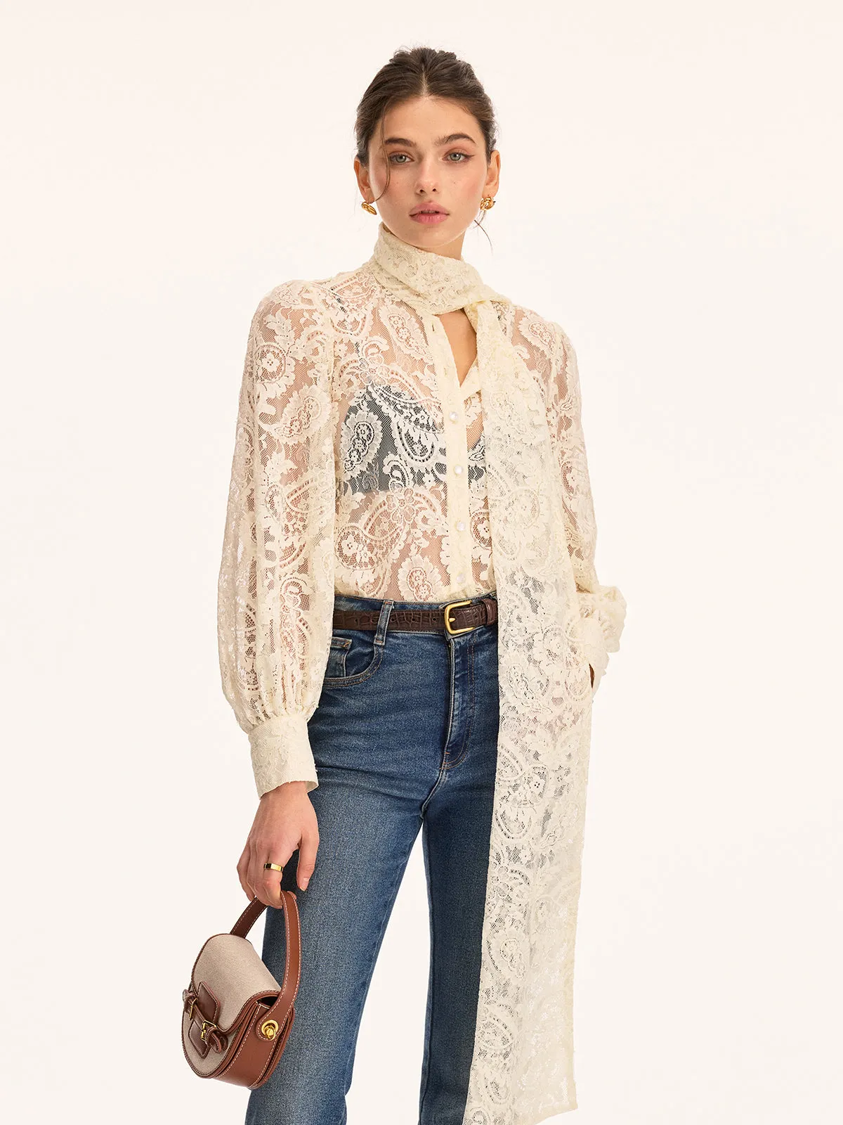 Scarf Detai Sheer Lace Long Sleeve Blouse sold by COMMENSE product image thumbnail 4