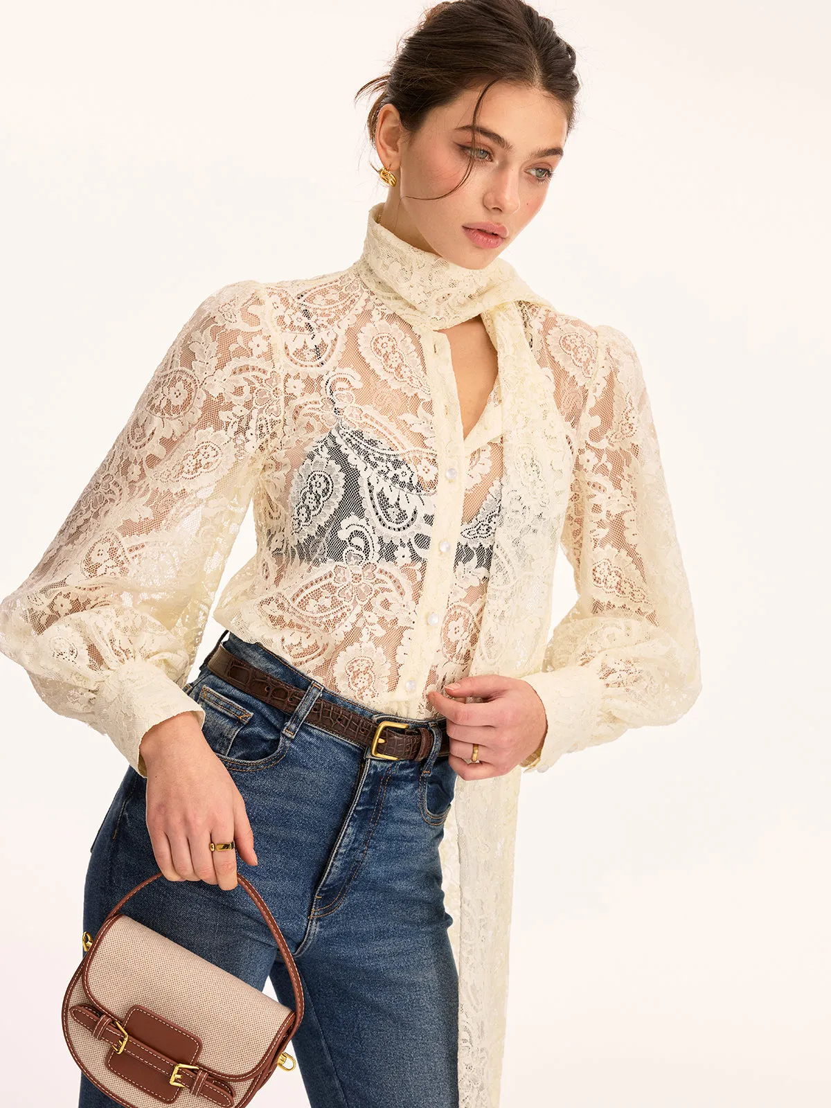 Scarf Detai Sheer Lace Long Sleeve Blouse sold by COMMENSE product image thumbnail 5
