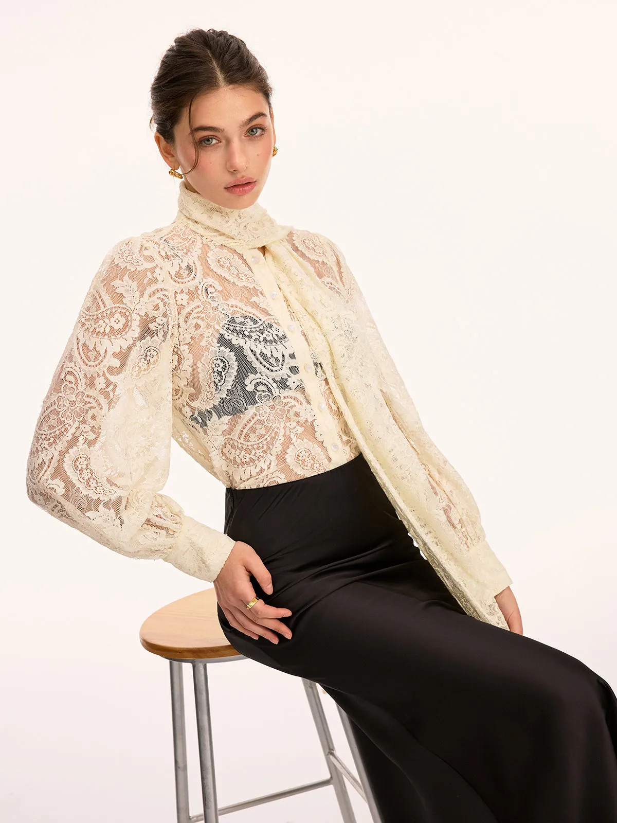 Scarf Detai Sheer Lace Long Sleeve Blouse sold by COMMENSE product image thumbnail 2
