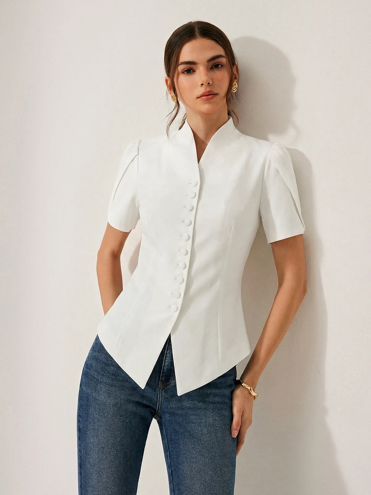 Short Sleeve Stand Collar Buttoned Slim Blouse sold by COMMENSE