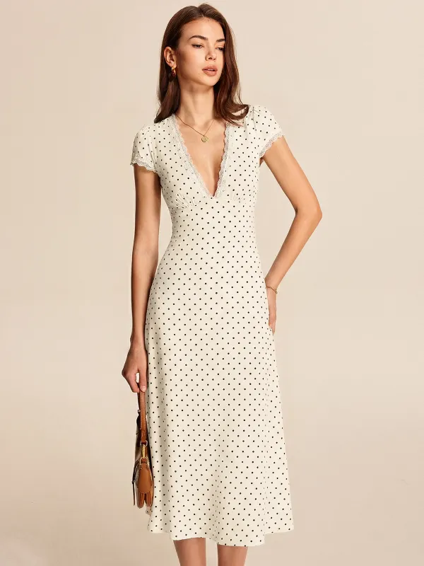 Polka Dot Lace Trim Midi Dress sold by COMMENSE