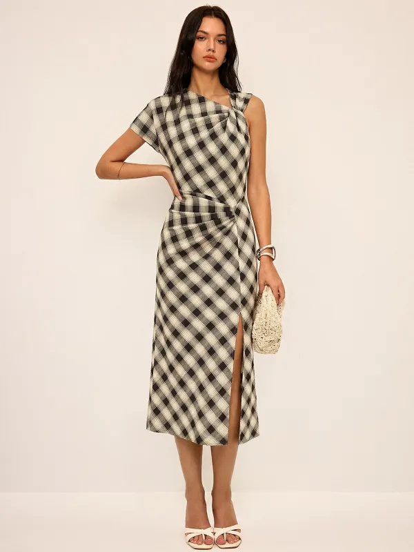 Plaid Asymmetric Slit Maxi Dress made by COMMENSE