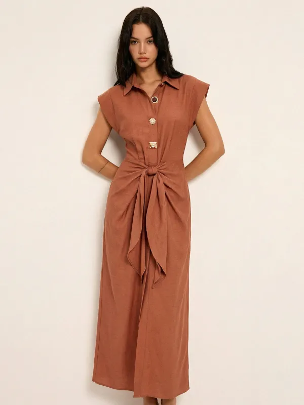 Tie Waist Collared Sleeveless Maxi Dress sold by COMMENSE