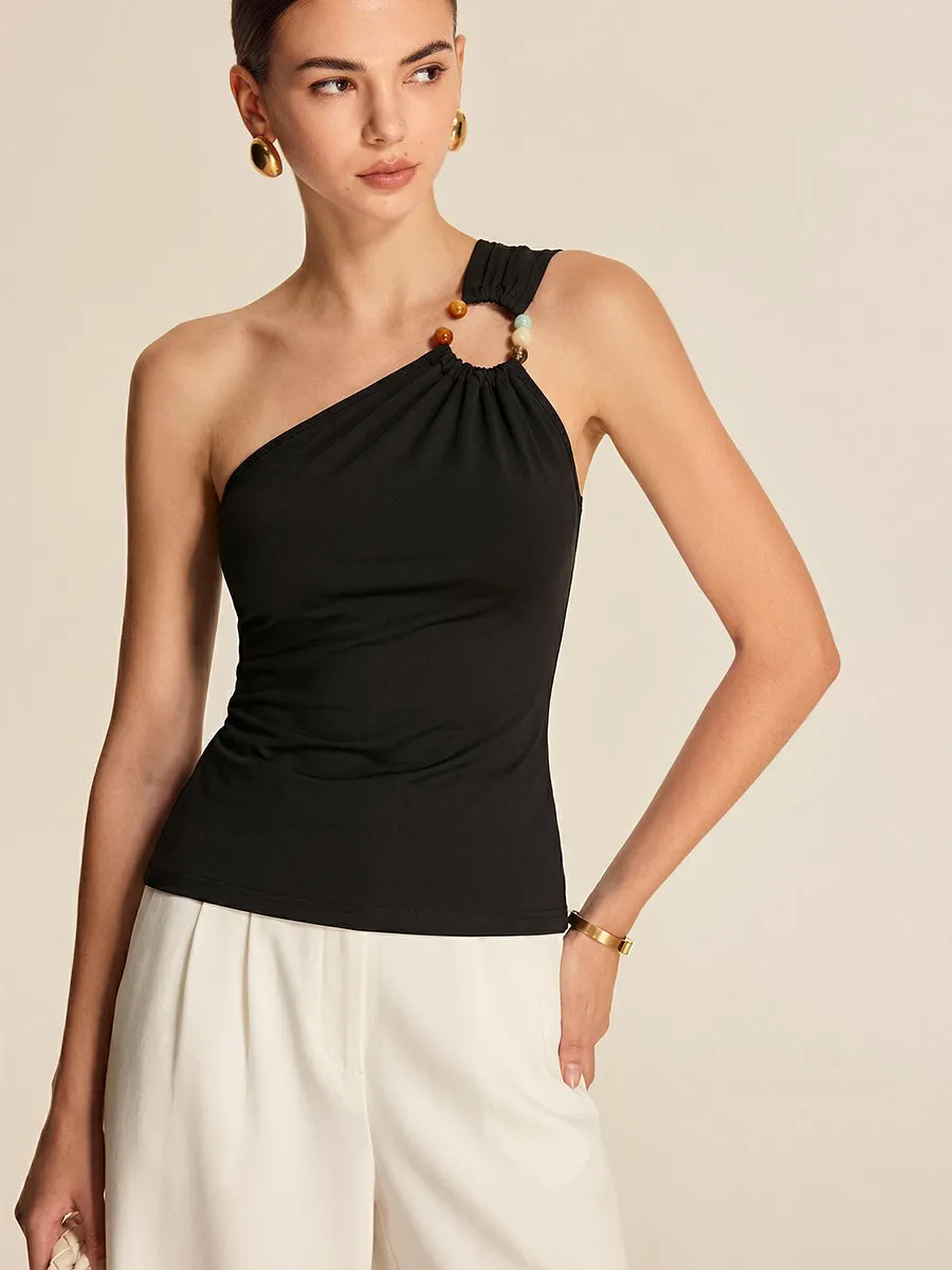 One Shoulder Beaded Fitted Tank Top sold by COMMENSE