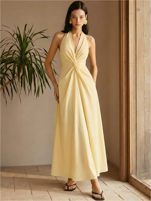 Halter Neck Twisted Waist Maxi Dress made by COMMENSE