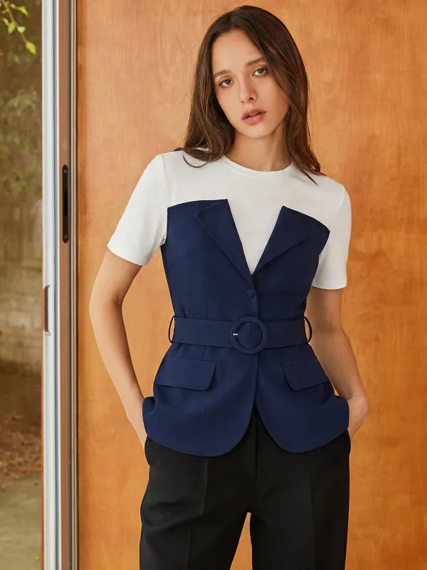 2 in 1 Belted Patchwork Short Sleeve Top sold by COMMENSE
