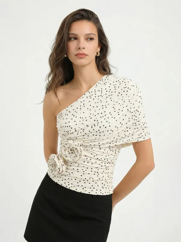 Polka Dot 3D Flower One Shoulder Top sold by COMMENSE