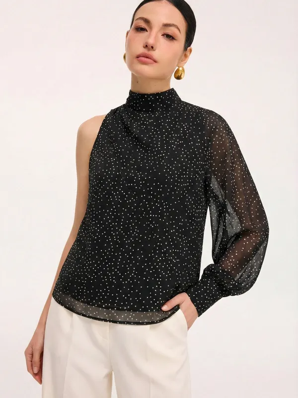 Polka Dot One Shoulder Sheer Mock Neck Blouse made by COMMENSE