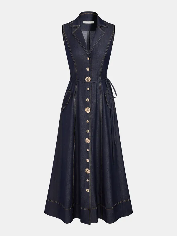 Sleeveless Button Down Belted Denim Maxi Dress made by COMMENSE