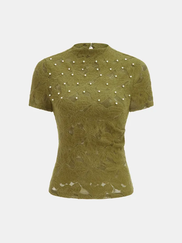 Pearl Embellished Lace Short Sleeve Top made by COMMENSE