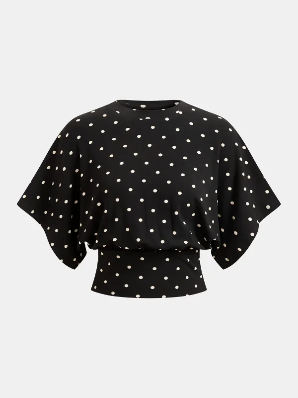 Polka Dot Batwing Cinched Waist Top made by COMMENSE