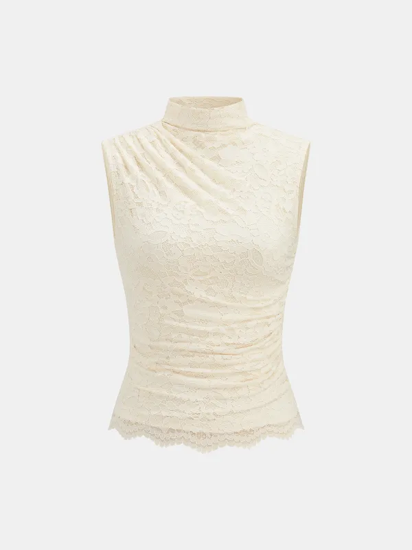 Ruched High Neck Lace Sleeveless Blouse made by COMMENSE