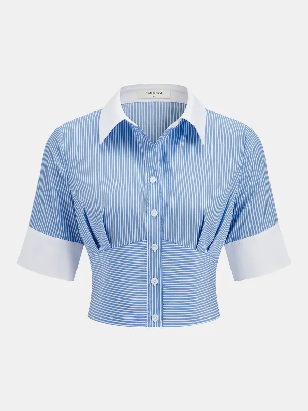 Striped Cropped Half Sleeve Button Shirt sold by COMMENSE