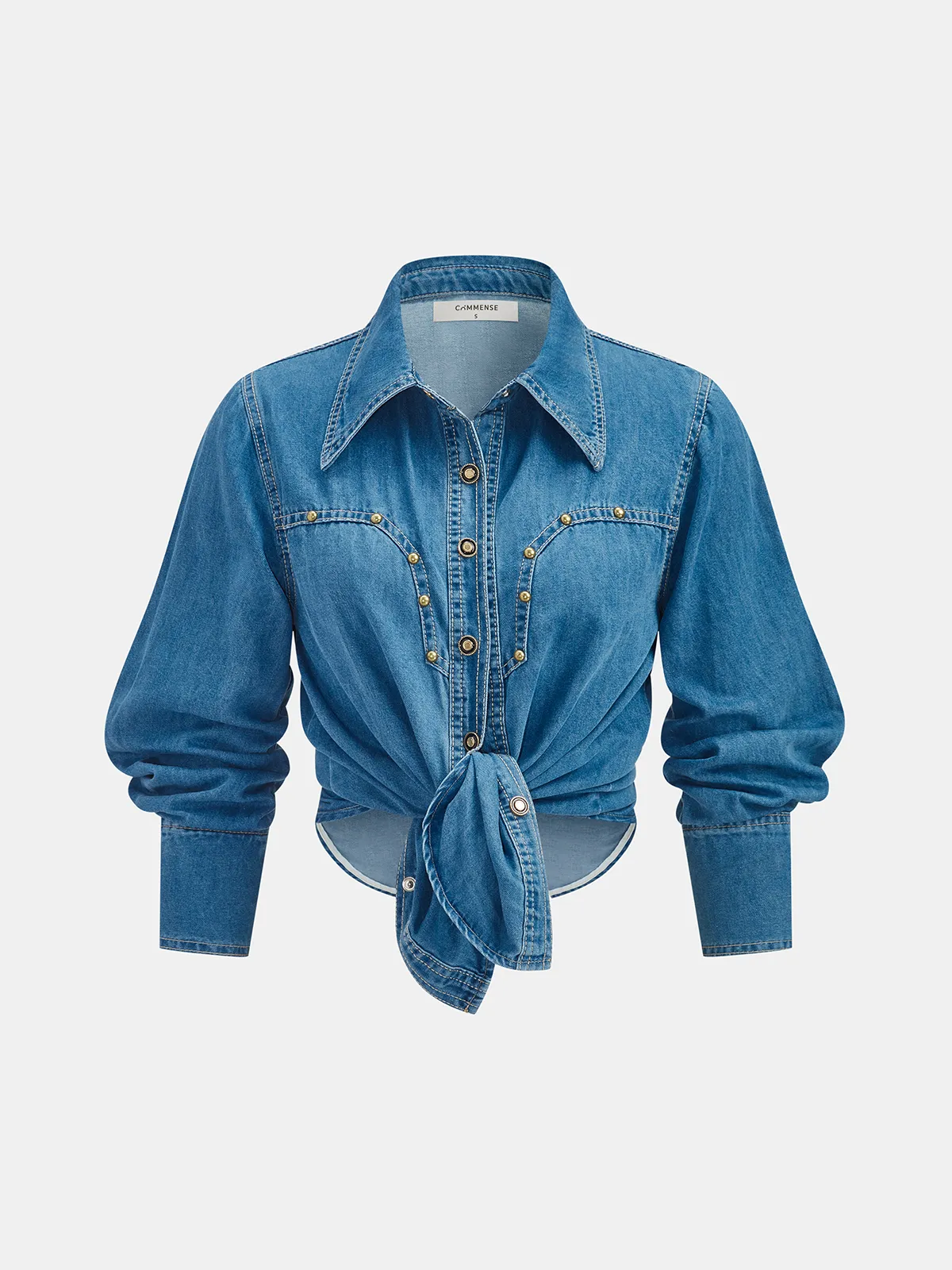 Knot-Front Studded Denim Shirt sold by COMMENSE