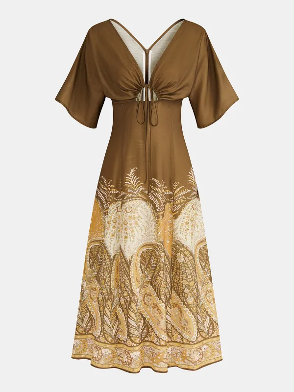 Tie-Front Paisley Print Maxi Dress made by COMMENSE