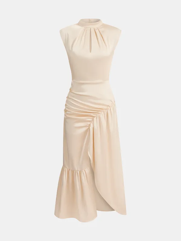 Sleeveless Ruched Split Satin Midi Dress made by COMMENSE