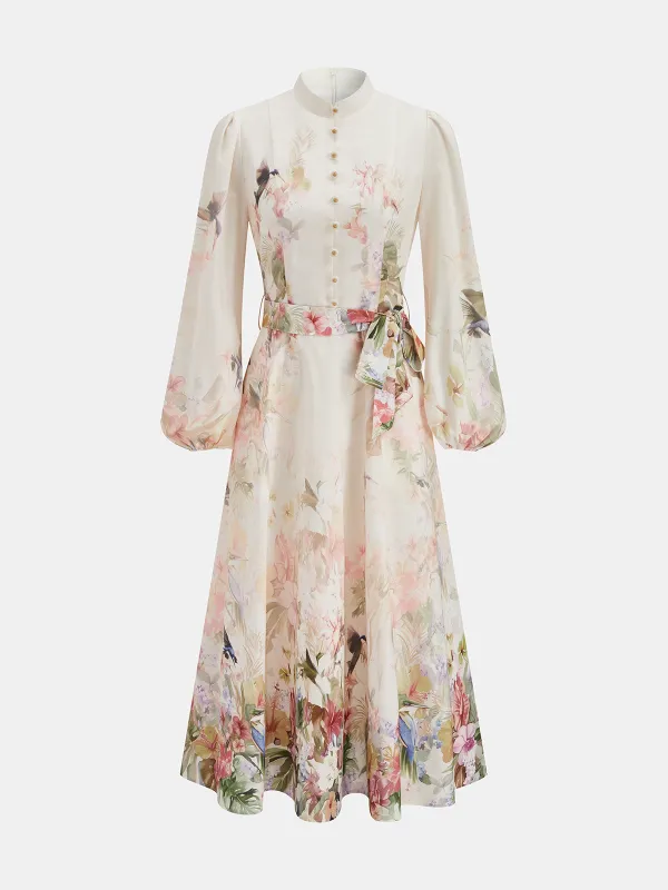 Floral Print Belted Puffed Sleeve Maxi Dress made by COMMENSE