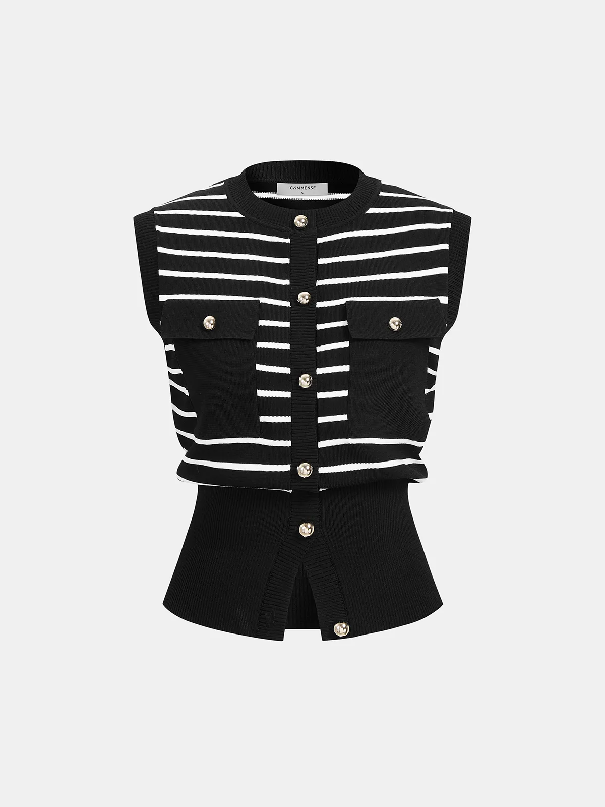 Striped Button-Front Sleeveless Knit Cardigan sold by COMMENSE