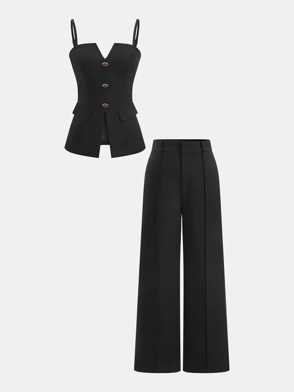 Buttoned Cami Top & Wide Leg Pants Set made by COMMENSE