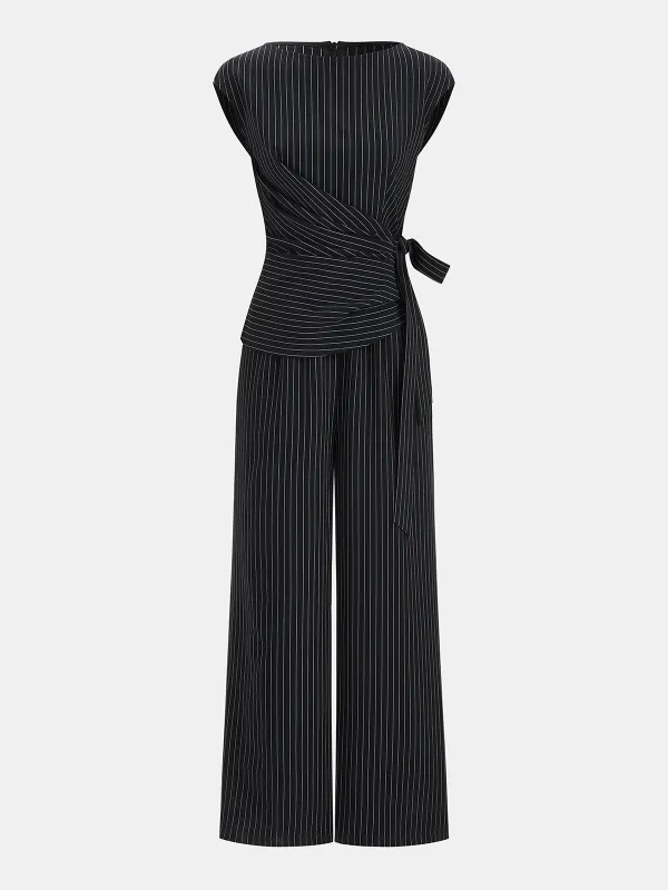 Striped Tie Waist Wide Leg Jumpsuit sold by COMMENSE