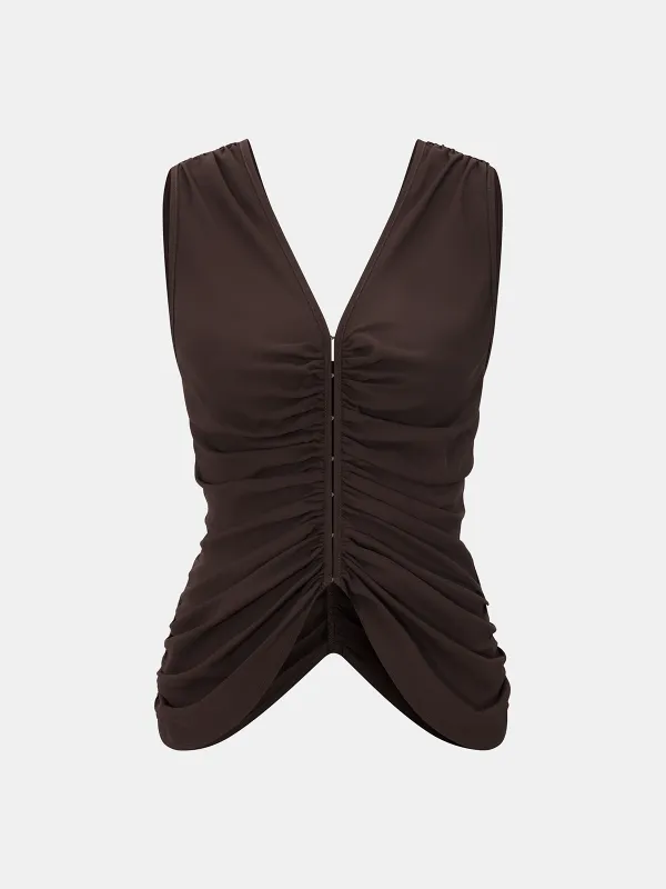 Hook-and-Eye Ruched V-Neck Sleeveless Top sold by COMMENSE