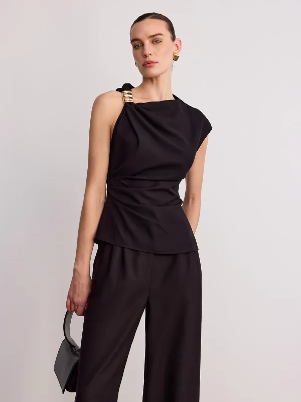 Metal Buckle Asymmetric Sleeveless Top made by COMMENSE