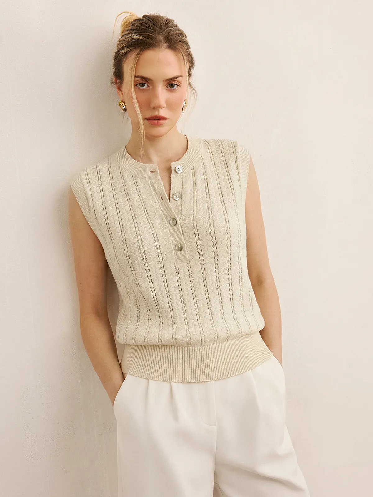 Cable Knit Sleeveless Henley Sweater Vest sold by COMMENSE