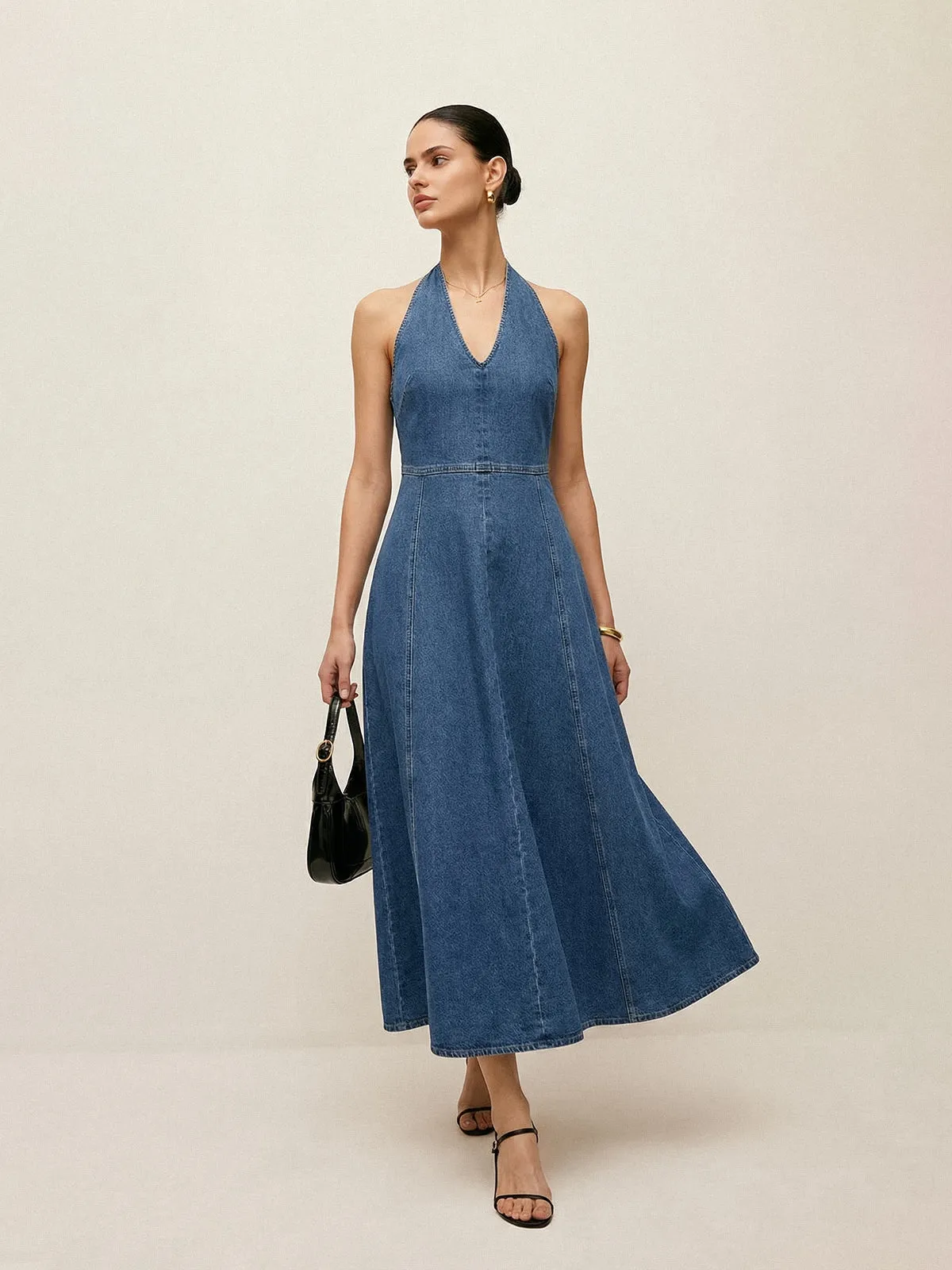 Halter Backless Denim Midi Dress sold by COMMENSE