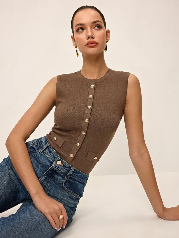 Metal Button Crew-Neck Sleeveless Knit Vest sold by COMMENSE