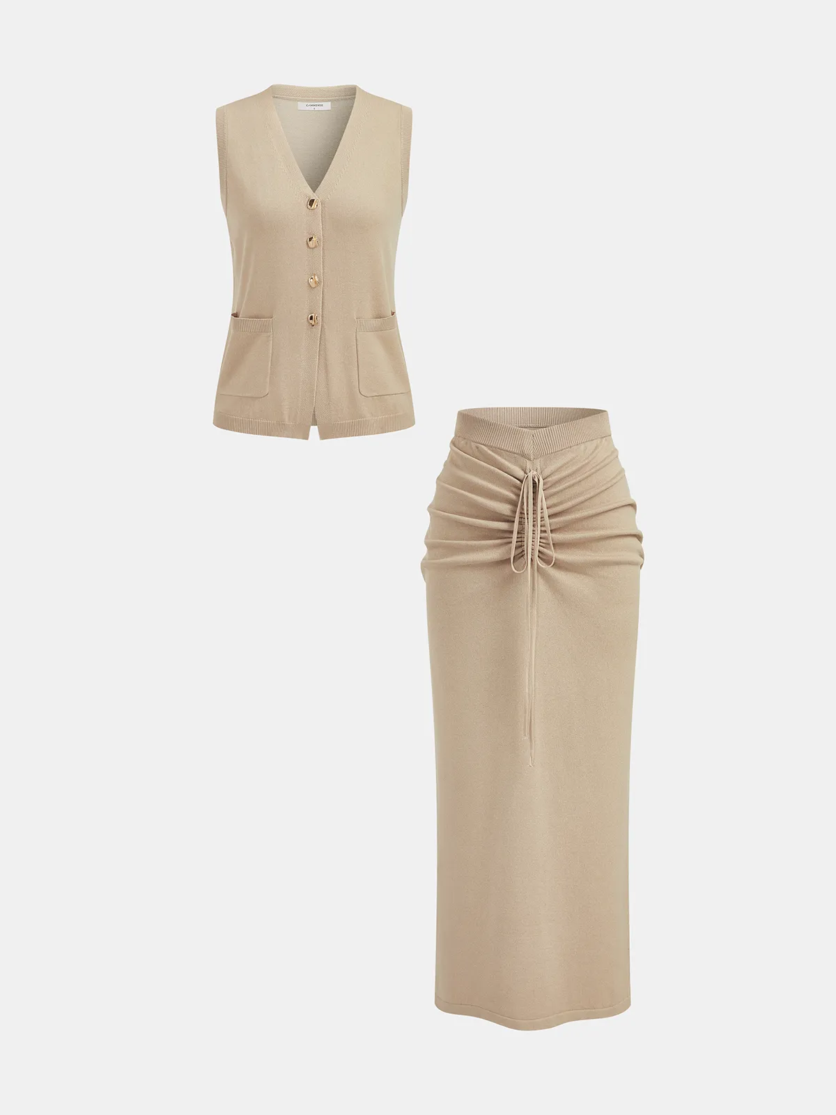 Buttoned Knit Vest & Ruched Midi Skirt Set sold by COMMENSE product image thumbnail 2