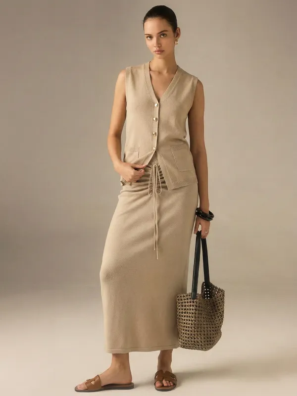 Buttoned Knit Vest & Ruched Midi Skirt Set made by COMMENSE