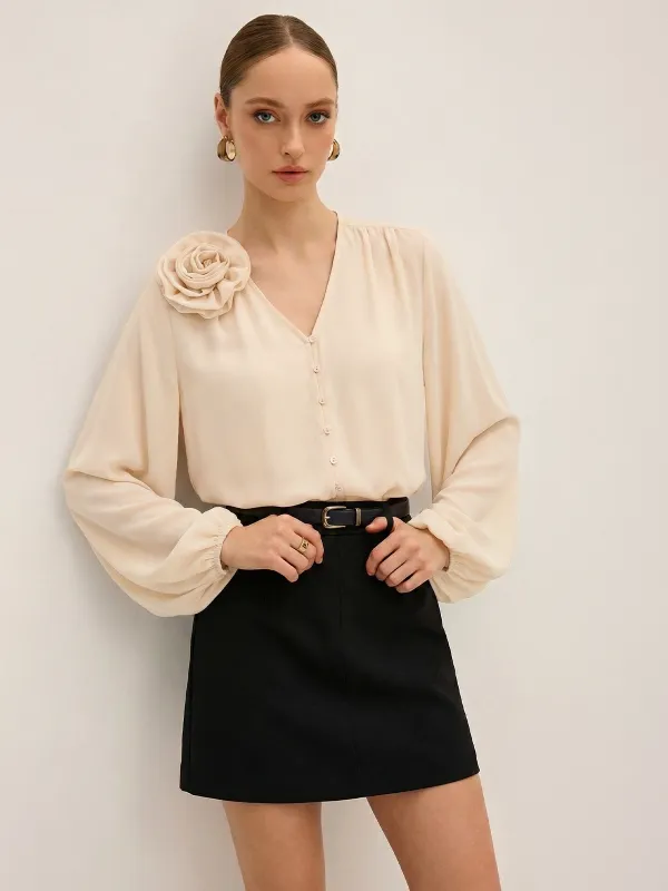 V-Neck 3D Flower Puff Sleeve Blouse sold by COMMENSE