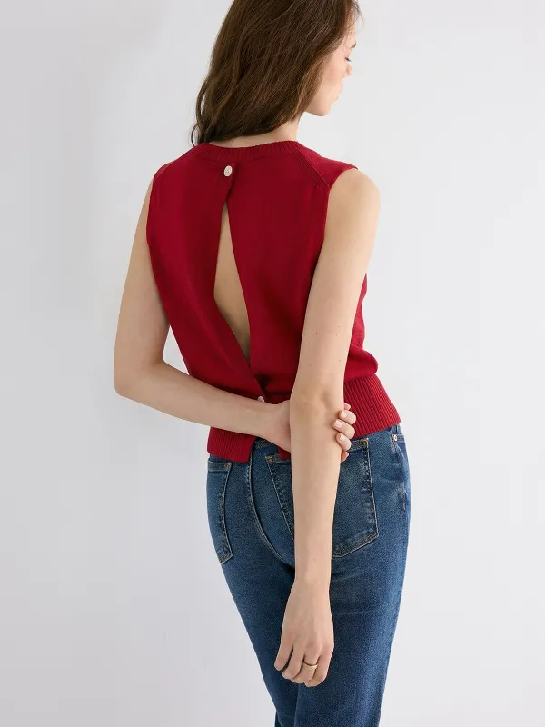 Back Keyhole Button Detail Sleeveless Knit Top made by COMMENSE