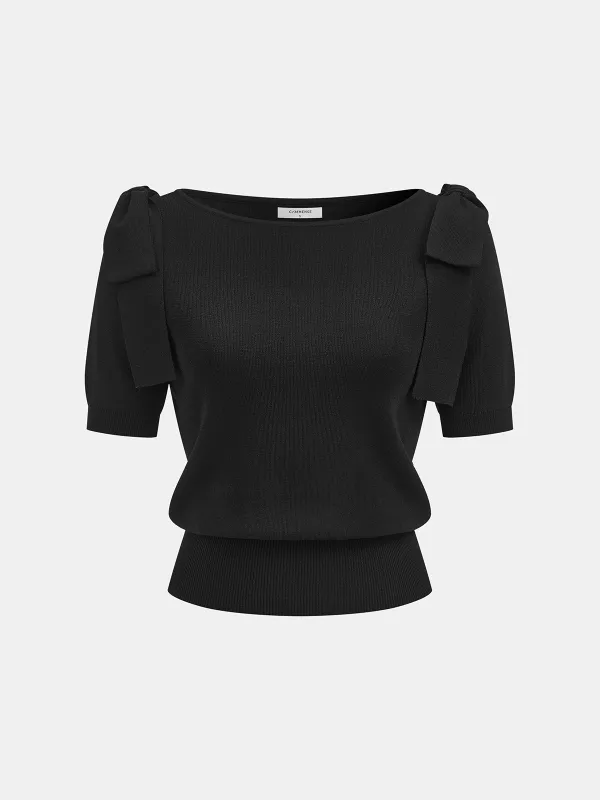 Bow Shoulder Short Sleeve Knit Sweater made by COMMENSE