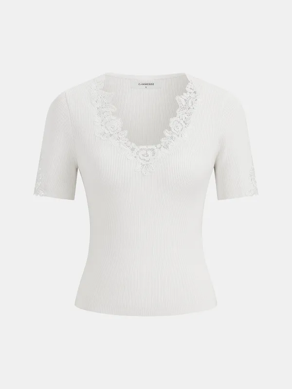 Ribbed Lace V Neck Short Sleeve Knit Top sold by COMMENSE