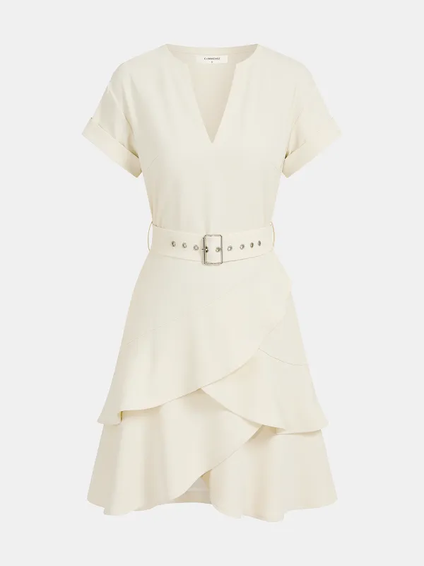Belted V-Neck Short Sleeve Ruffle Dress sold by COMMENSE