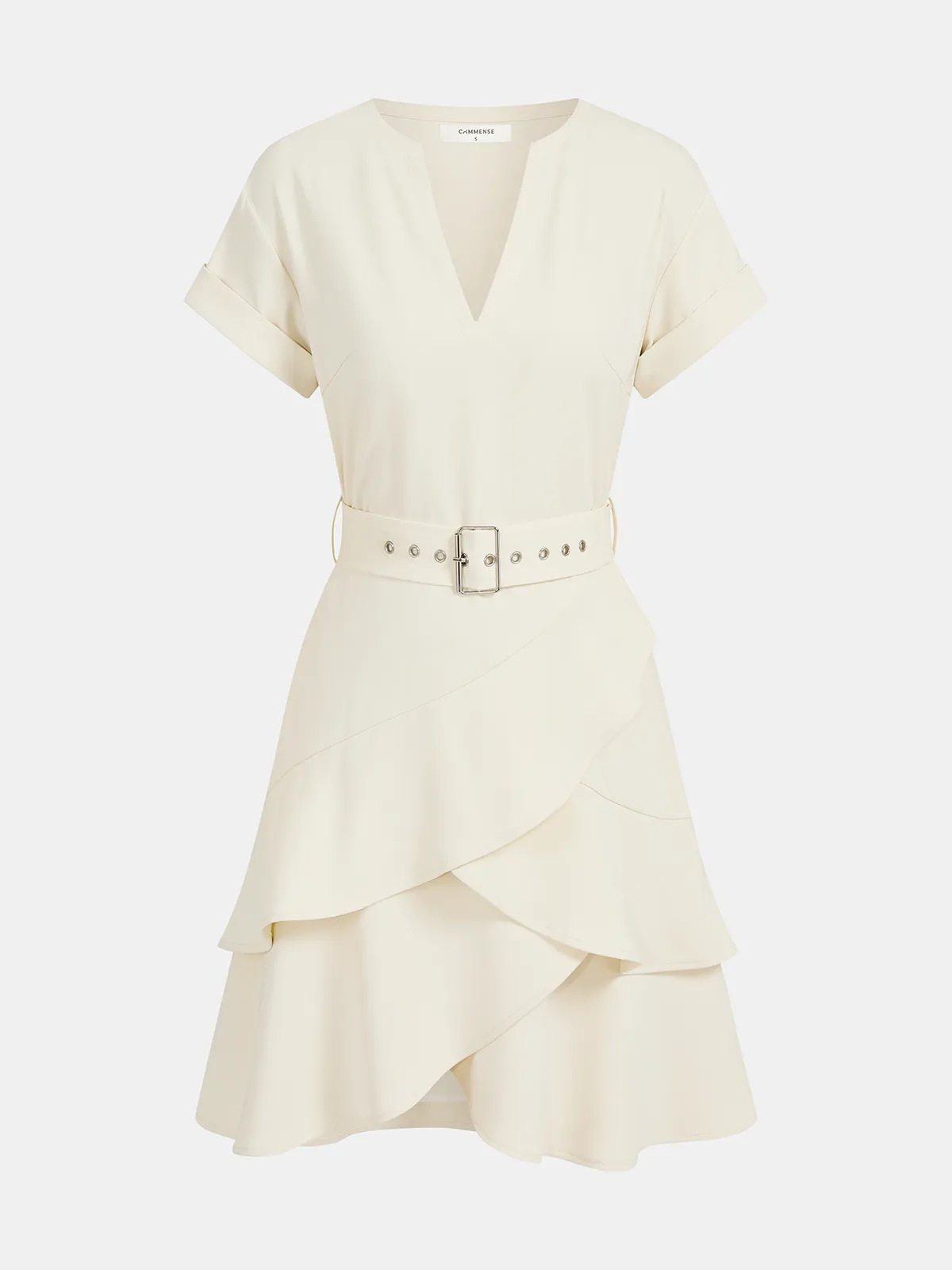 Belted V-Neck Short Sleeve Ruffle Dress sold by COMMENSE