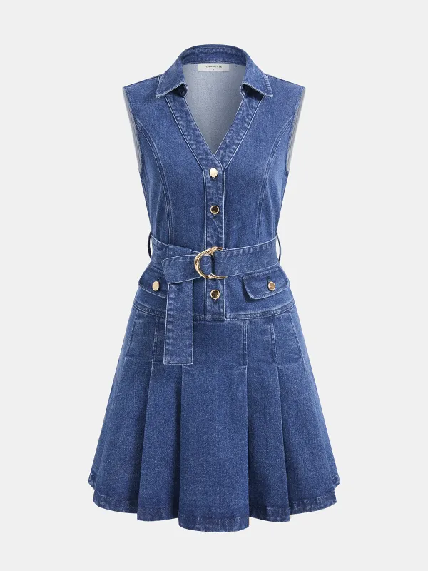 Sleeveless Belted Pleated Denim Dress sold by COMMENSE