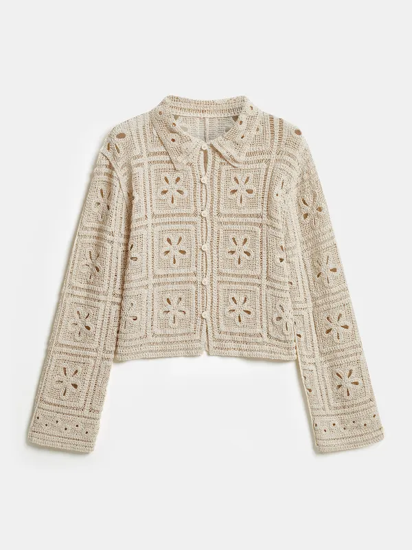 Crochet Floral Eyelet Long Sleeve Shirt made by COMMENSE