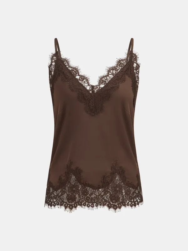 Lace Trim Satin V-Neck Cami Top made by COMMENSE