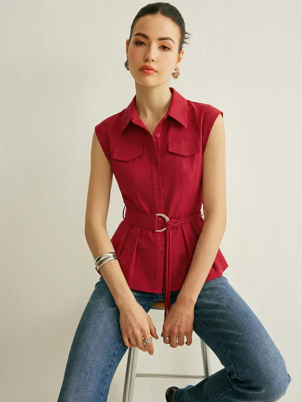 Sleeveless Collared Pleated Hem Belted Blouse made by COMMENSE