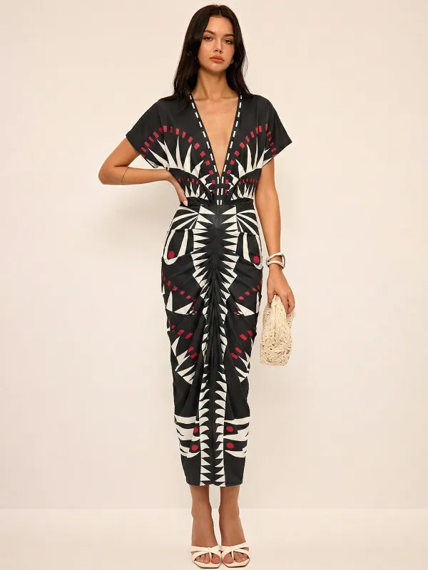Geometric Print Deep V-Neck Midi Dress sold by COMMENSE