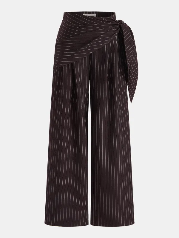 Wrap Tie-Waist Pinstripe Wide-Leg Pants made by COMMENSE