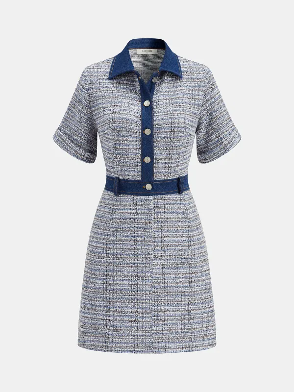 Denim Panel Tweed Mini Shirt Dress sold by COMMENSE