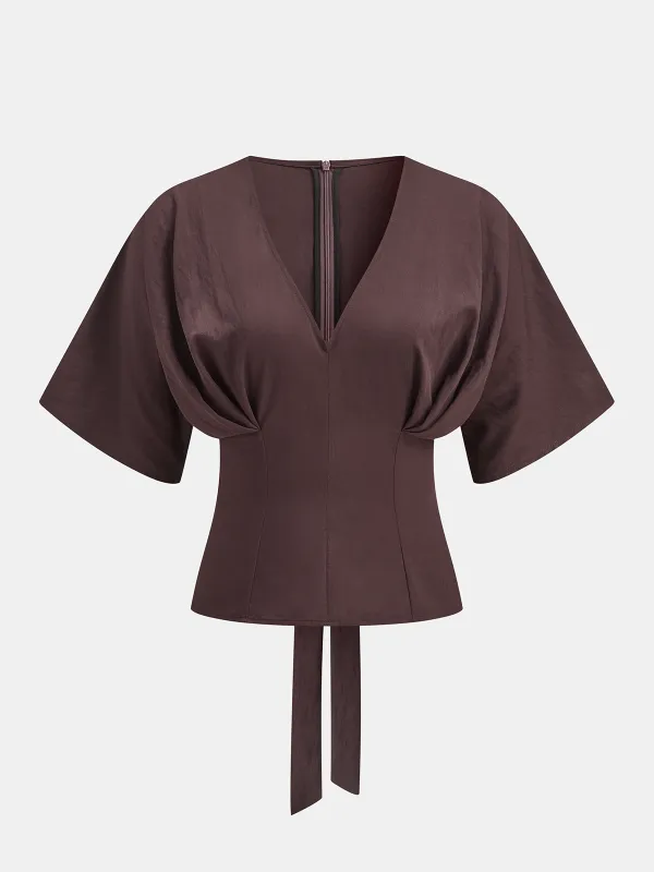 Dolman Sleeve Tie-Back V-Neck Blouse sold by COMMENSE