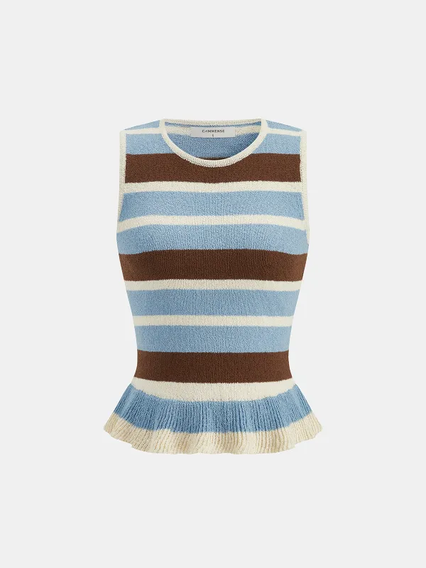 Striped Ruffle Hem Sleeveless Knit Top made by COMMENSE