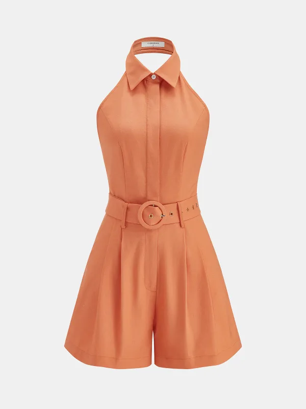 Halter Collared Backless Belted Romper made by COMMENSE
