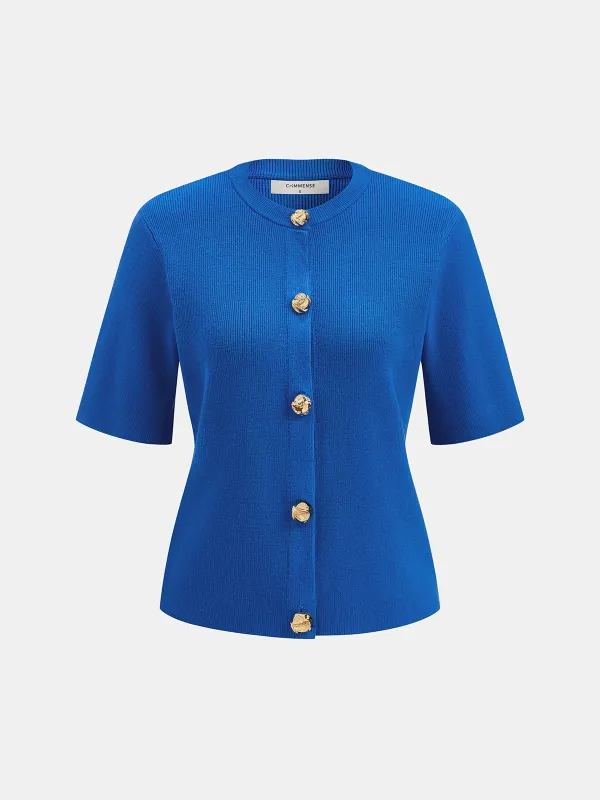 Short Sleeve Button-Front Knit Top made by COMMENSE